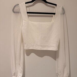Windsor White Sheer Puff Sleeve Crop Top | Square Neck Blouse | S